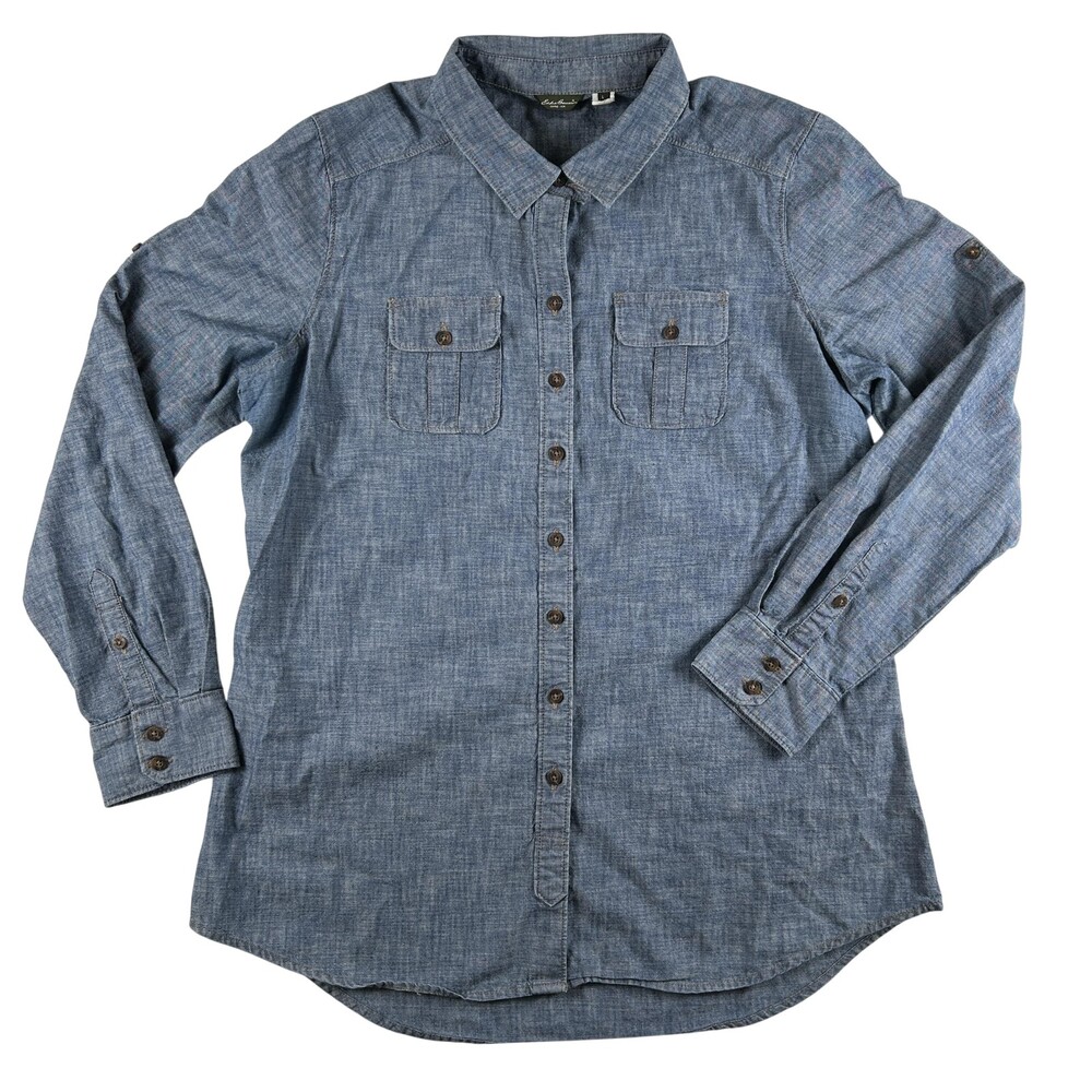 Eddie Bauer Tunic Shirt Womens Large Blue Chambray Button Front Long Sleeve